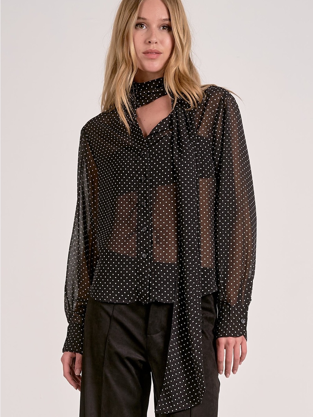 NWT Elan Black Sheer Polka Dot Blouse Tie Neck Long Sleeve Size L